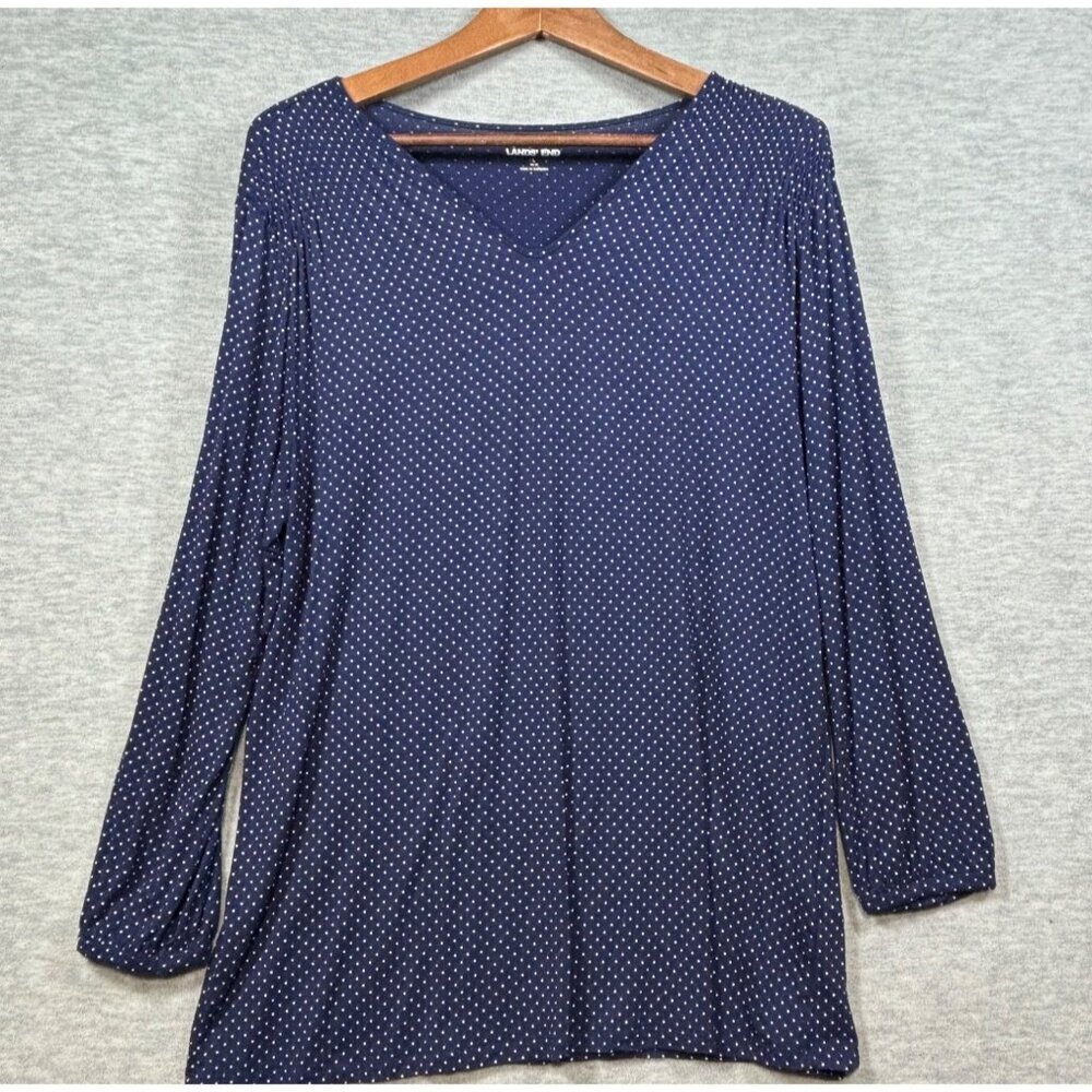Lands End Womens Top L Polka Dot Long Sleeve Blouse‎ Navy Blue